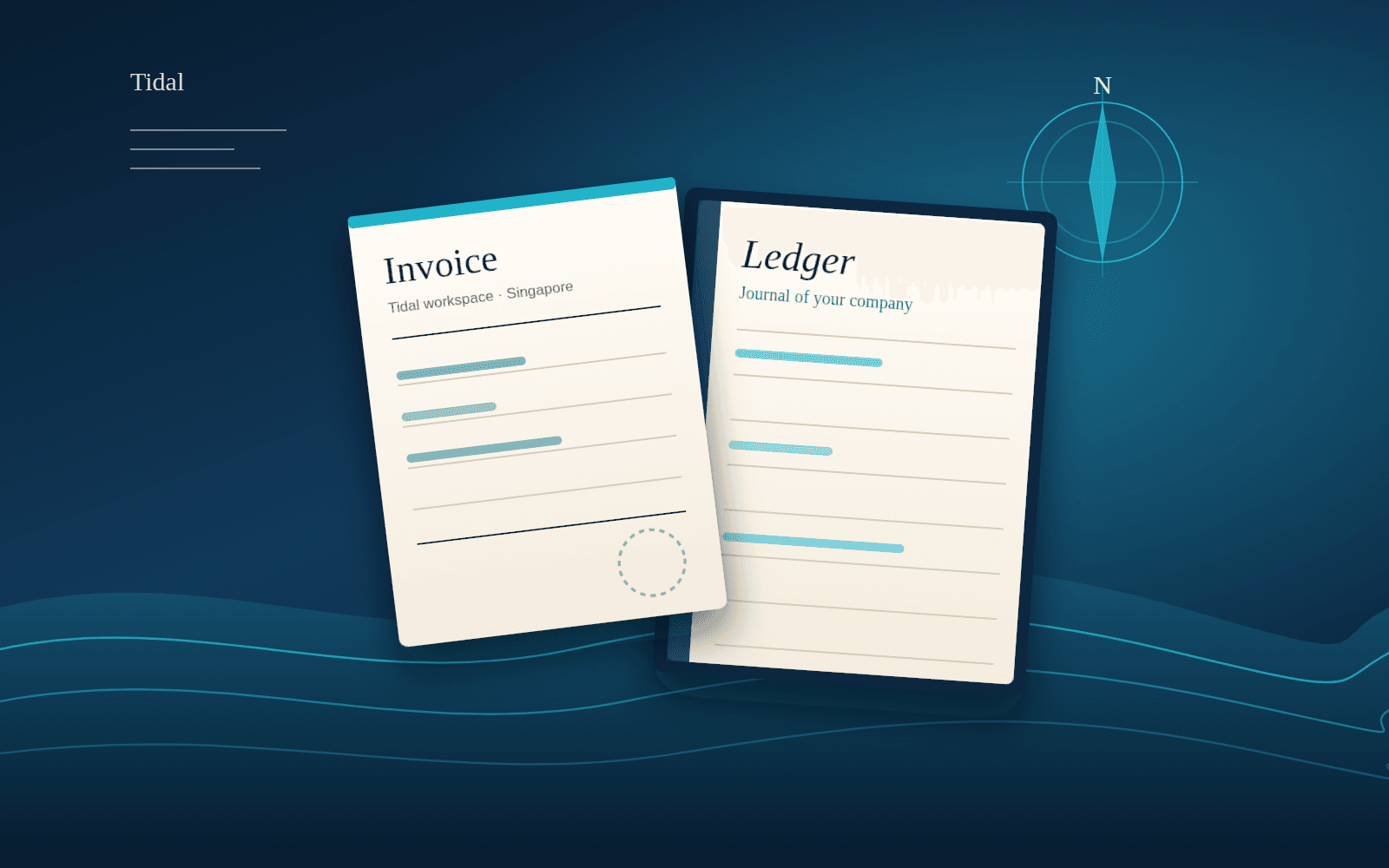 Illustration: an invoice and a ledger page on a navy sea, with a compass.